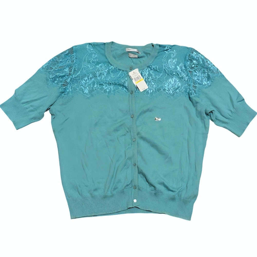 Van Heusen Cardigan Sweater XL Lace Trim Button Front Teal Green NWT